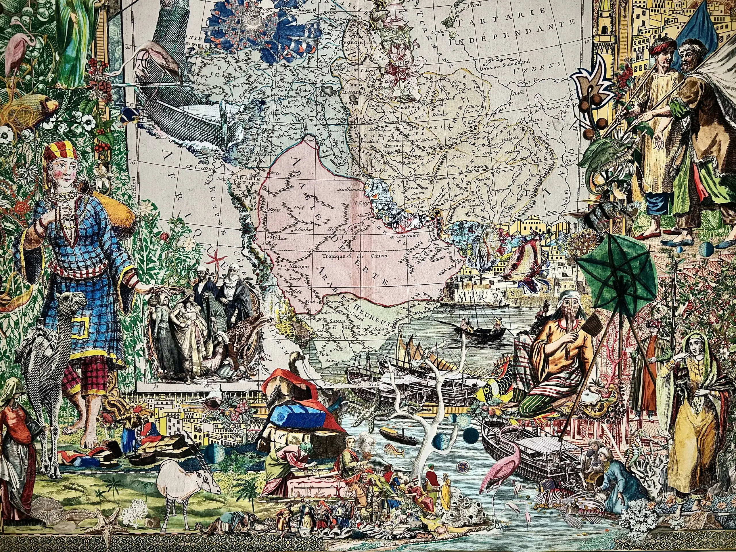 Stará barevná ilustrovaná mapa Arábie a okolí s postavami a výjevy.