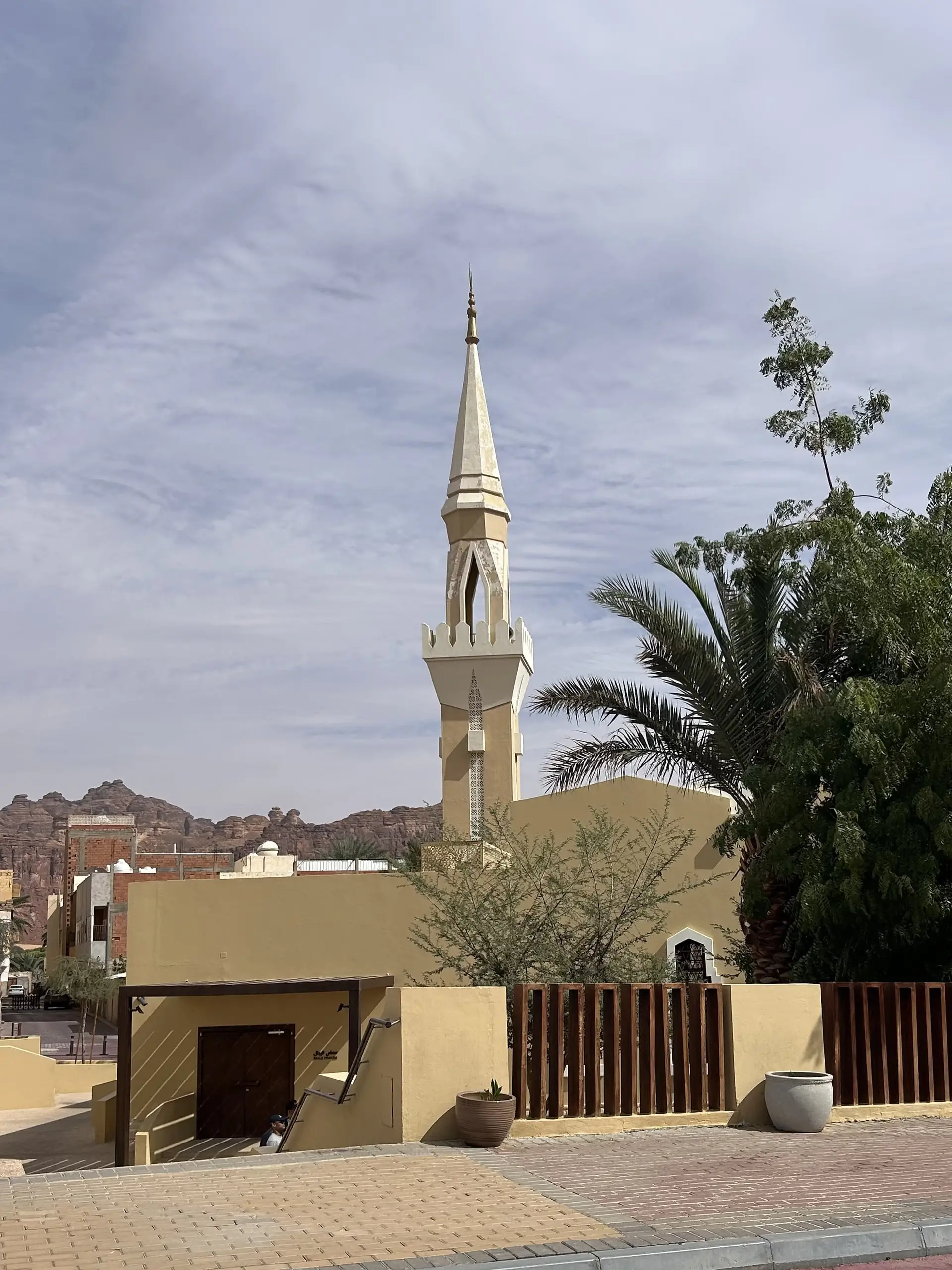 Štíhlý minaret béžové mešity nad palmami a zídkou, v pozadí rezavé skály.