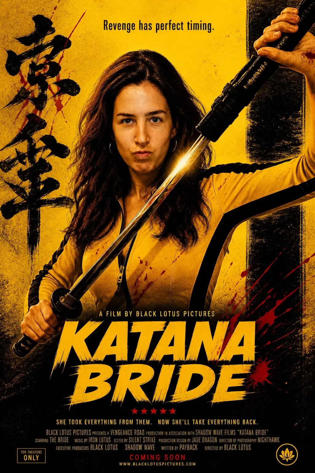 Snímek obrazovky s plakátem fiktivního akčního filmu Katana Bride.